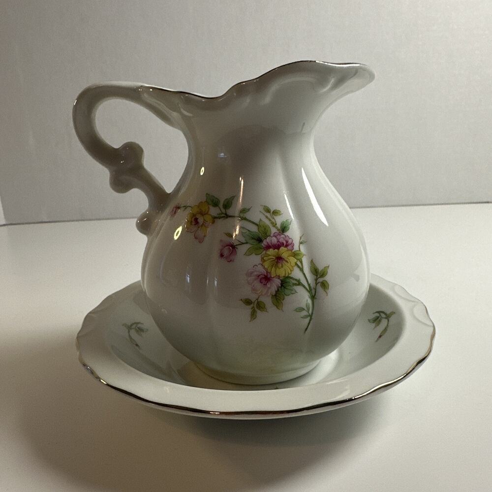 Vintage Lefton Bone China Hand Painted Flower Water/Creamer Pitcher & Bowl-Japan - Picture 2 of 9